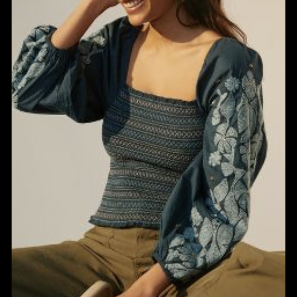 Anthropology Teal Ruched Embroidered Top S.